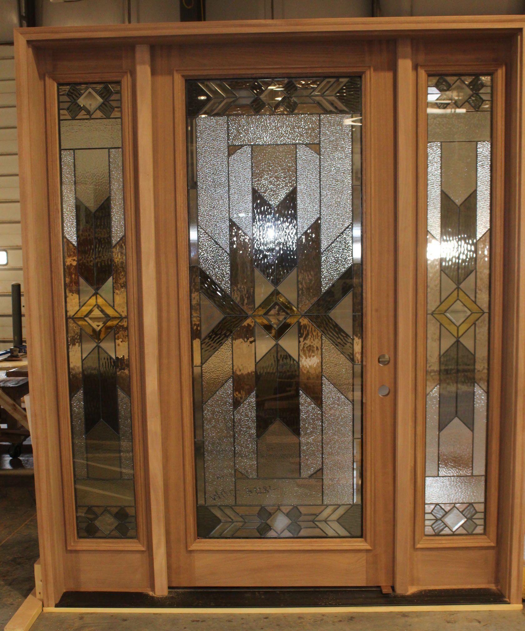 Custom Mahogany Full Lite door with sidelights and art deco glass