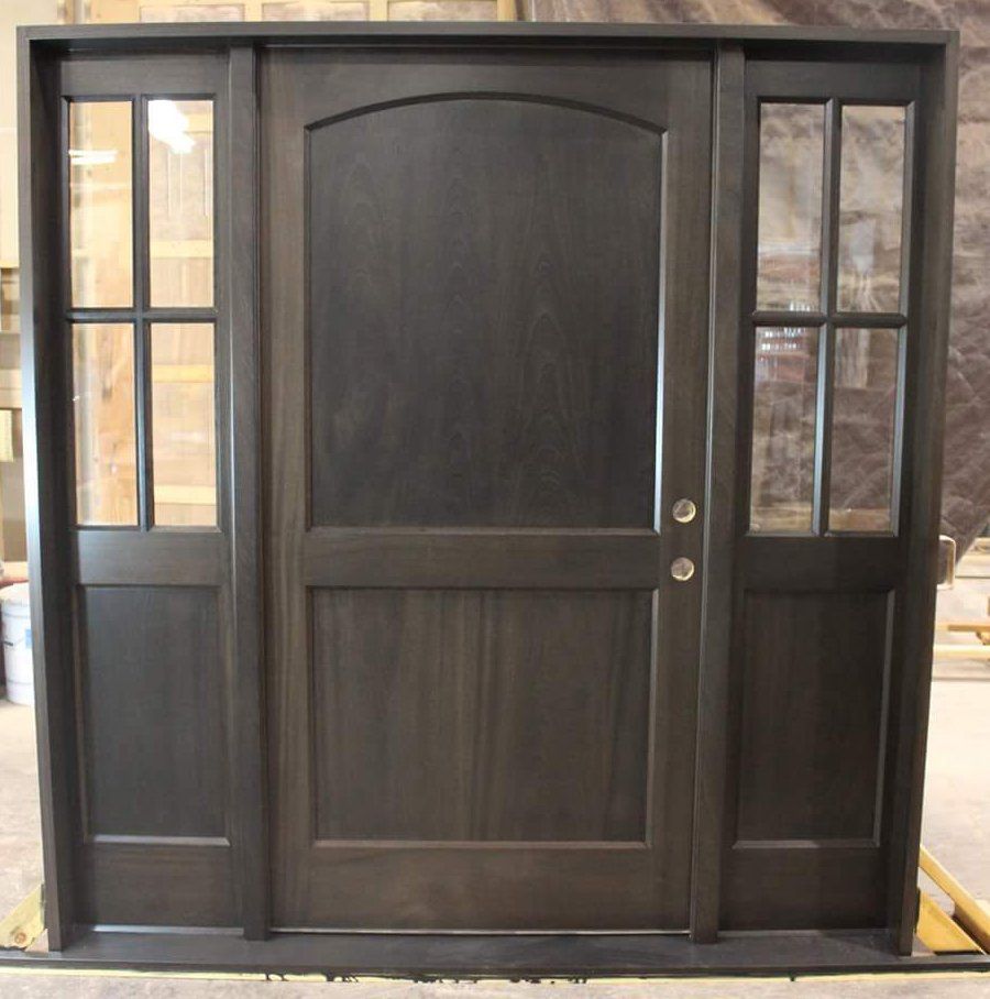 Mahogany entry door with sidelites finished in Dark Chocolate..