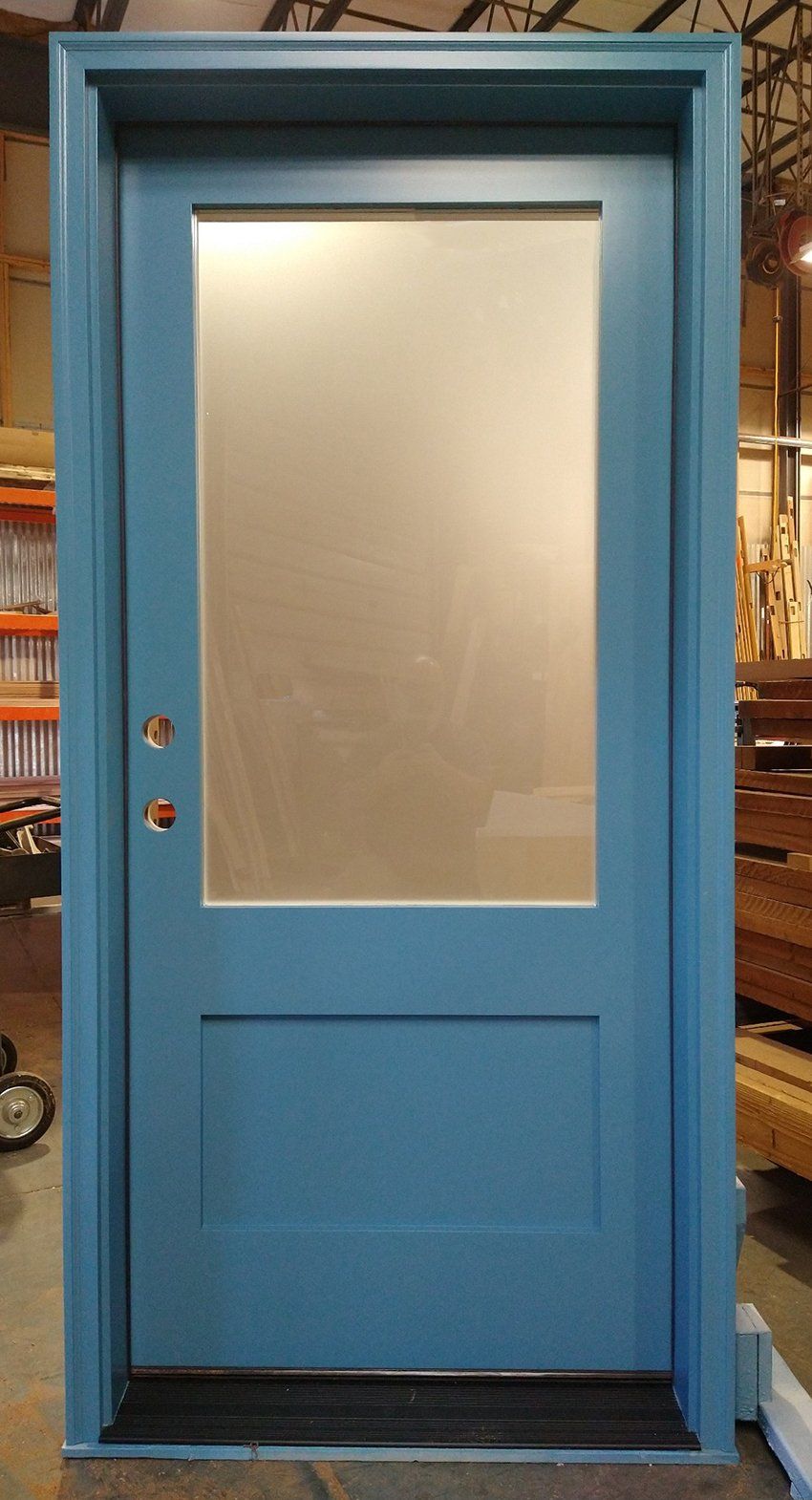 Loop #27790 Mahogany door Acid etch glass Painted BM blue daisy #2062-40