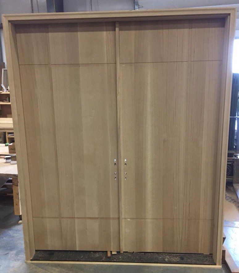 Flush panel solid mahogany wood double door unit with v-grooves