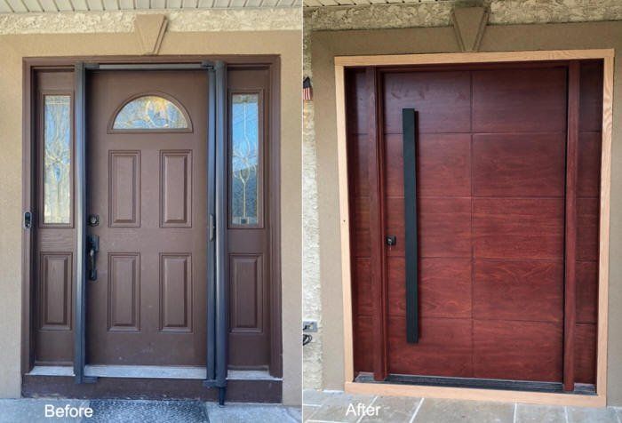 A before and after picture of a front door.