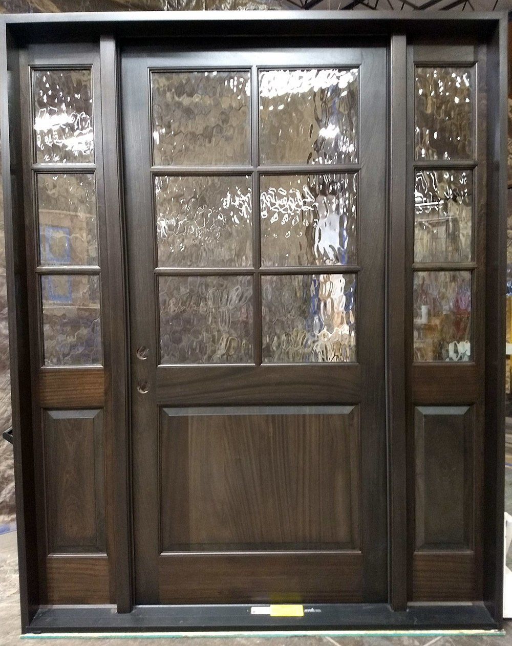 Mahogany 6 lite door with flemish TDL and matching sidelights finished in dark chocolate