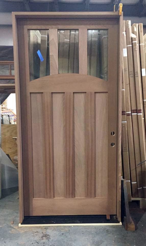 Distinctive front door, mahogany, 4 panels under 3 glass panes