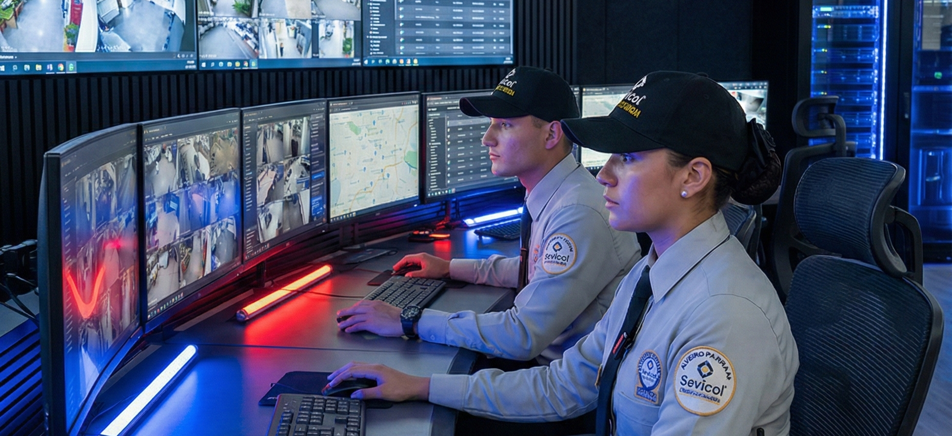 Sistema de seguridad electrónica con cámaras inteligentes y monitoreo profesional en empresa.