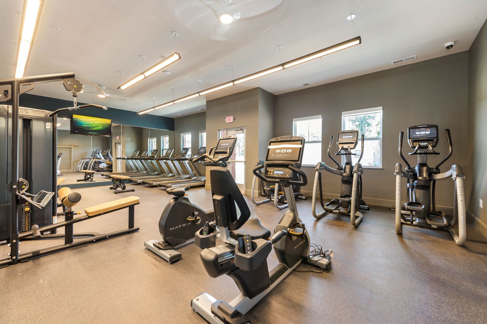 A modern fitness center featuring various exercise equipment, including treadmills, stationary bikes, and strength training machines, with large windows allowing natural light.