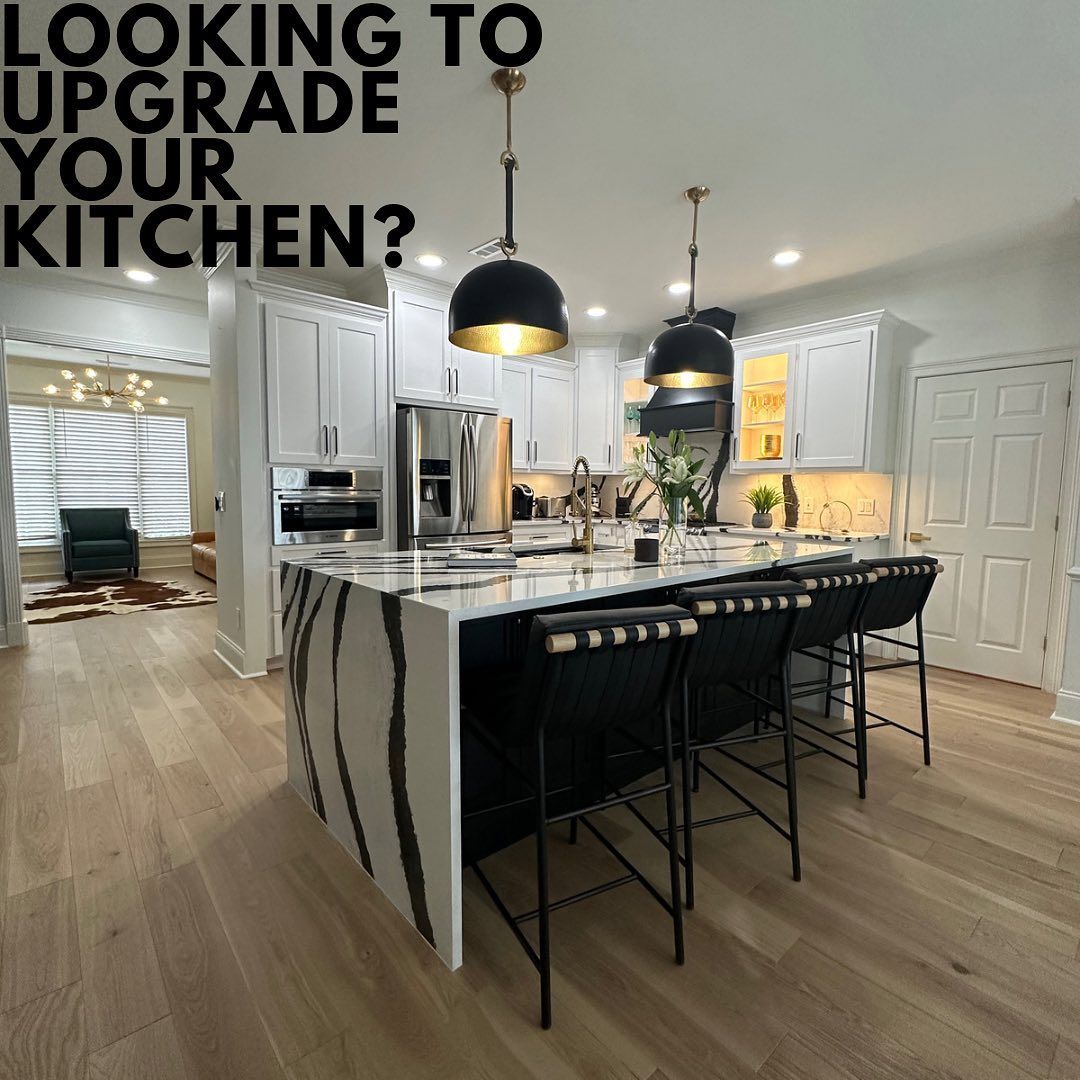 A kitchen with the words looking to upgrade your kitchen
