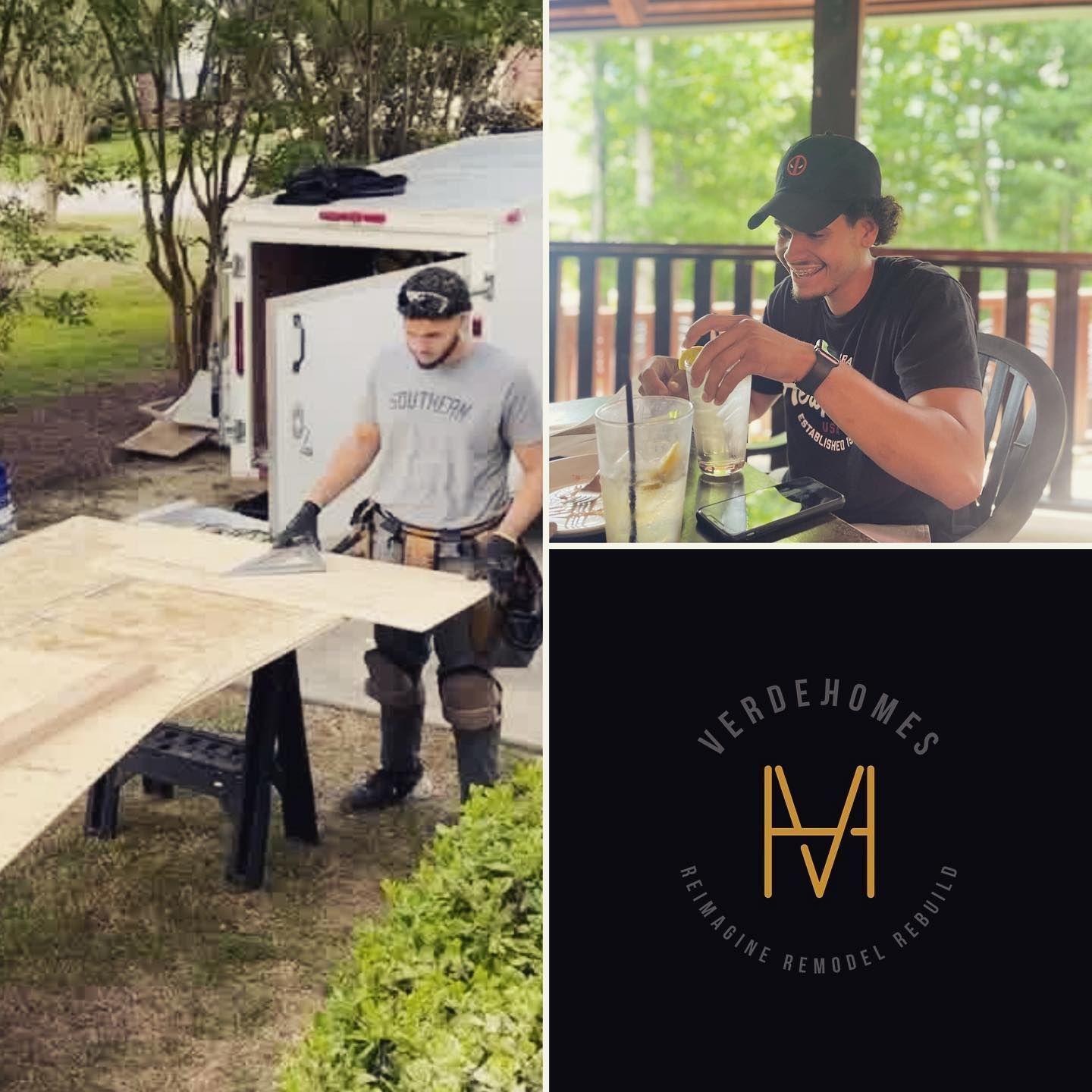 A man in a black hat sits at a table in front of a sign that says verdehomes