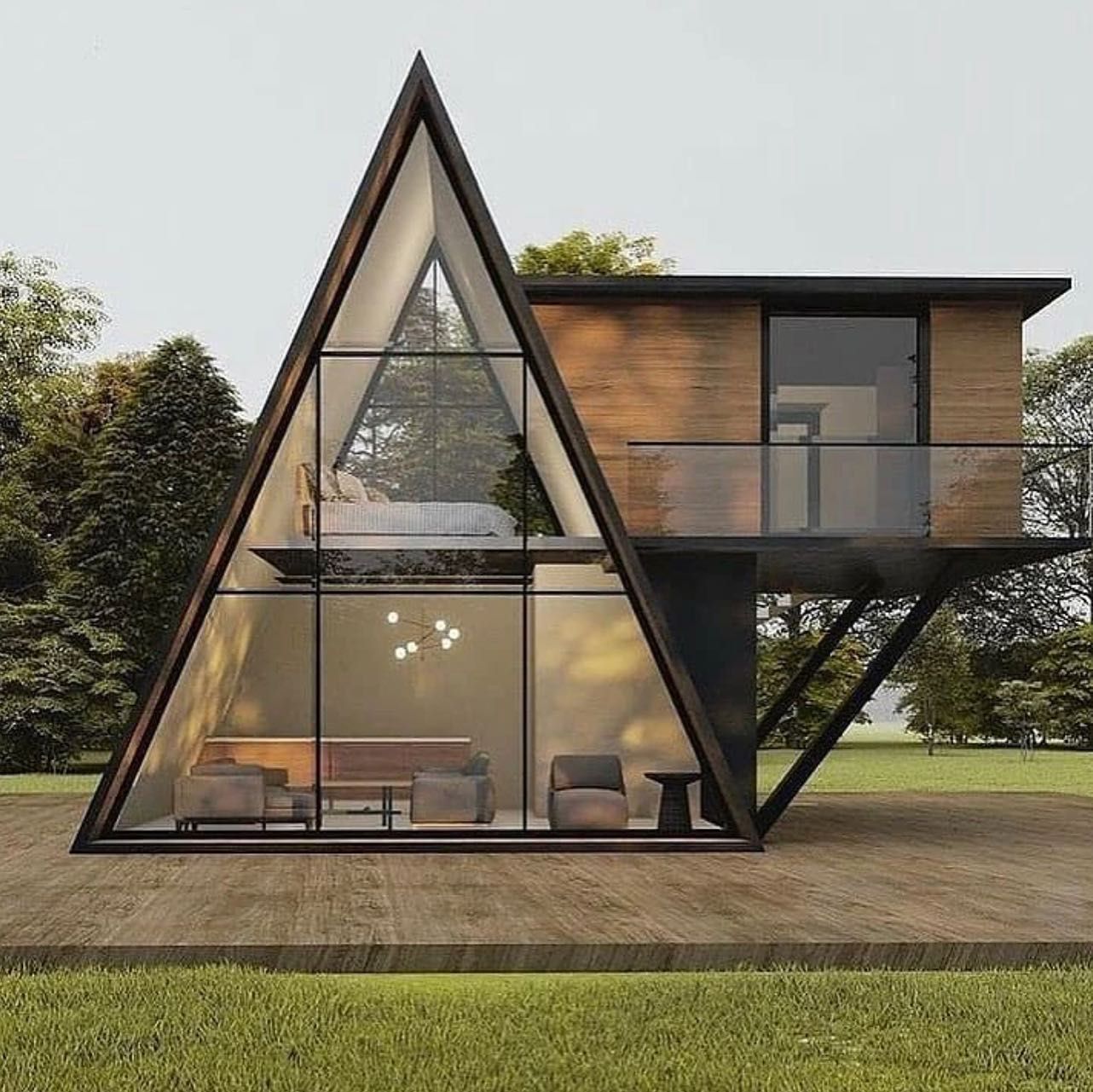 A triangle shaped house with a lot of windows