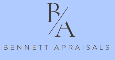 Logo for Bennett Appraisals: "BA" monogram in dark gray, with a slash, over light blue background, and the company name below.