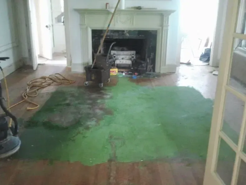 A room with a fireplace and a green rug on the floor.