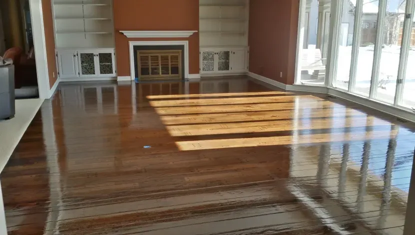 A living room with hardwood floors and a fireplace.