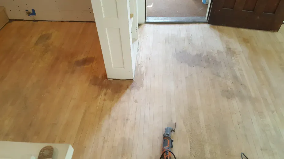 A room with a wooden floor and a door.