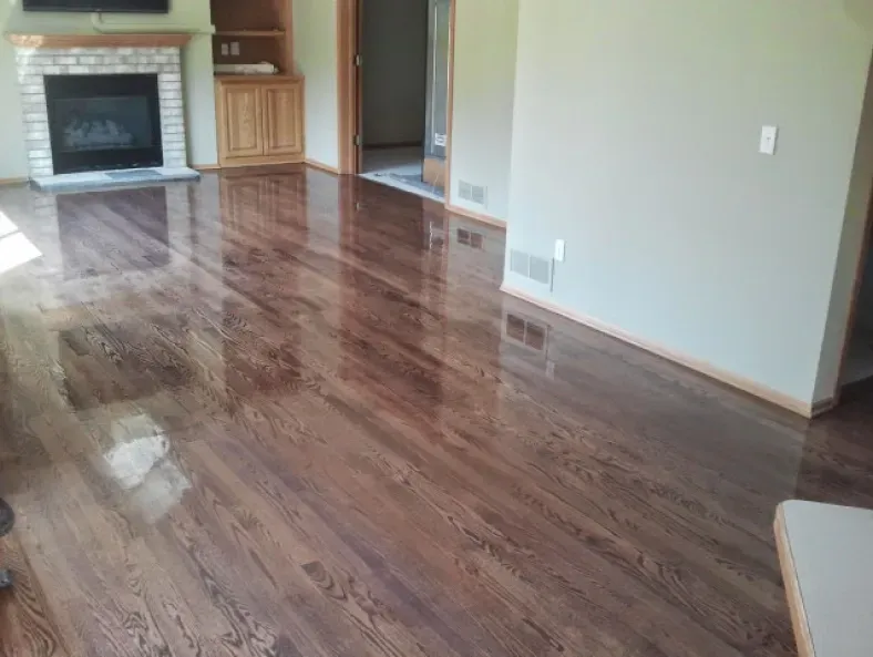 A living room with hardwood floors and a fireplace.