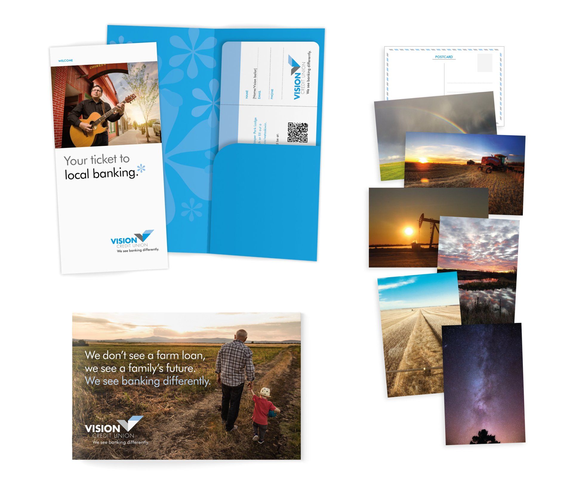 BROCHURE AND SERIES OF POSTCARDS THAT ARE PART OF DIRECT MAIL CAMPAIGN FOR VISION CREDIT UNION