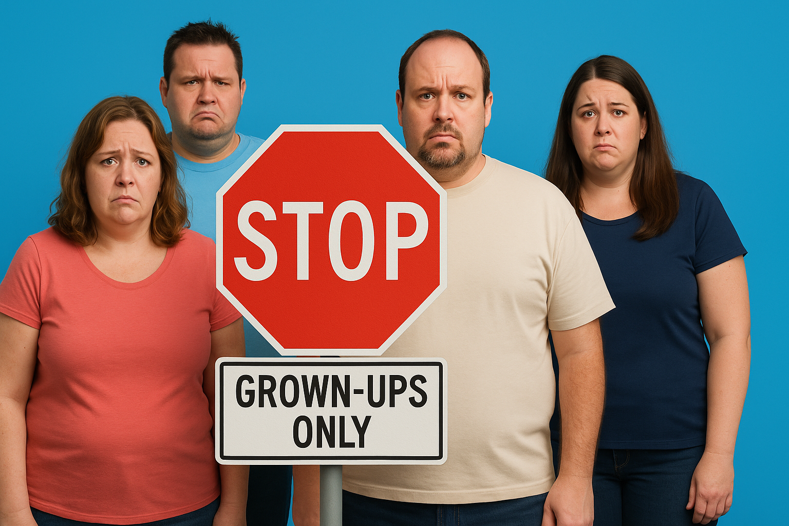 Four adults with concerned facial expressions standing behind a sign the read GrownUps Only