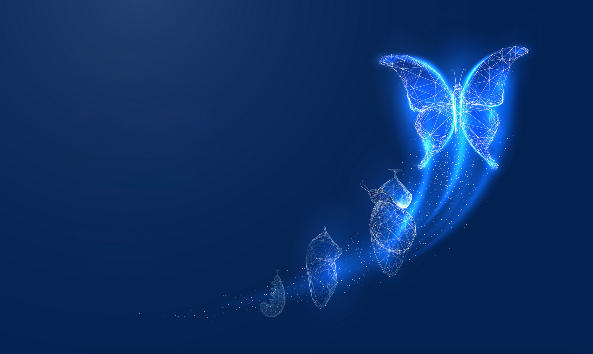 Blue glowing butterfly emerging from cocoons against a dark blue background.