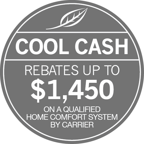 Gray circular Carrier ad badge reading “Cool Cash,” “rebates up to $1,450,” and “qualified home comfort system.”