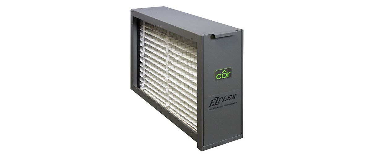 Gray box fan with a front grille and side logo on a white background