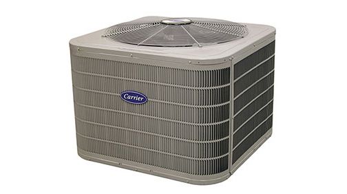 Gray outdoor air conditioner unit with top fan grille on a white background