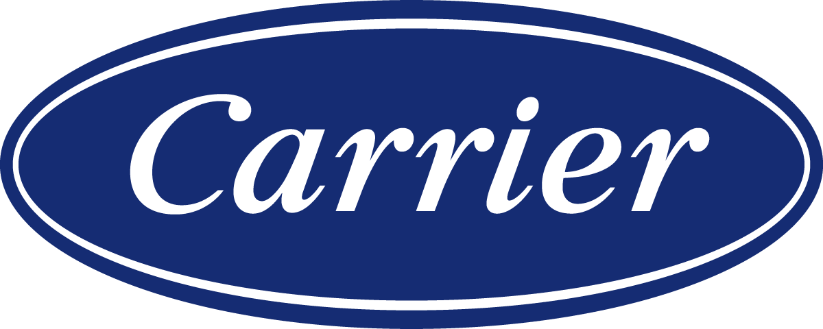 Carrier logo in white script on a blue oval background