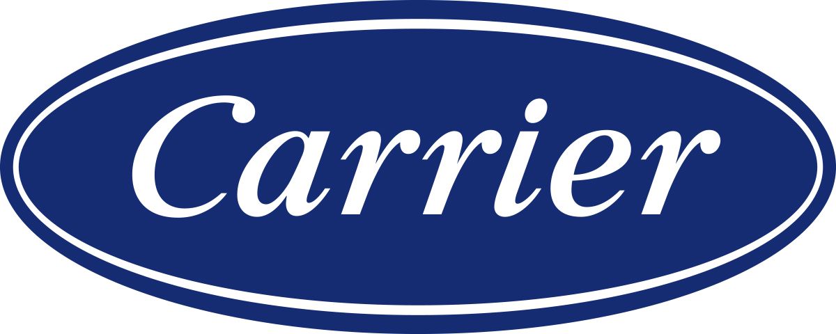 Carrier logo in white script on a blue oval background