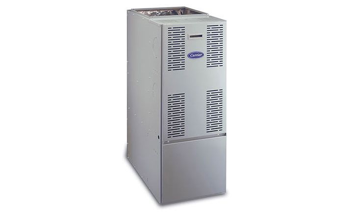 White metal furnace or HVAC unit with vented front panels, standing on a plain background