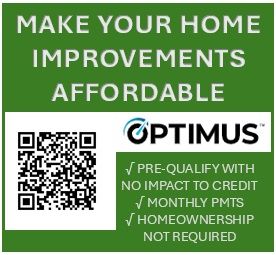 Green ad for OPTIMUS home improvements with QR code and text on pre-qualification, no credit impact, monthly payments