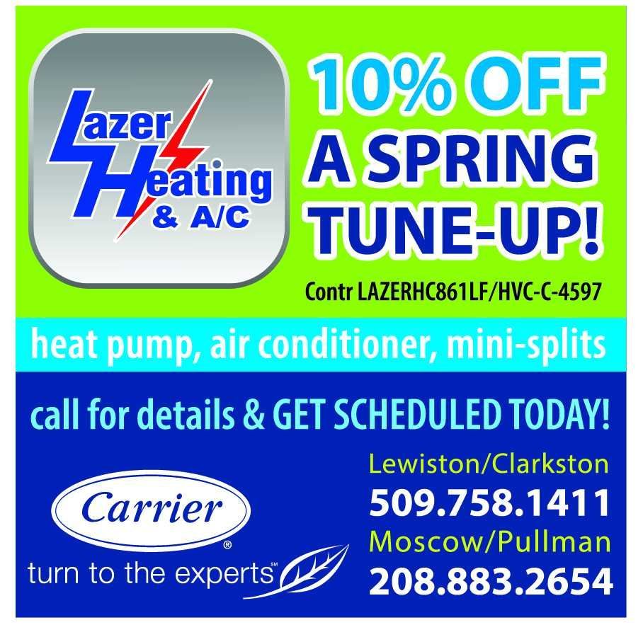 Lazer Heating & A/C spring tune-up ad, 10% off, Carrier logo, blue and green with phone numbers