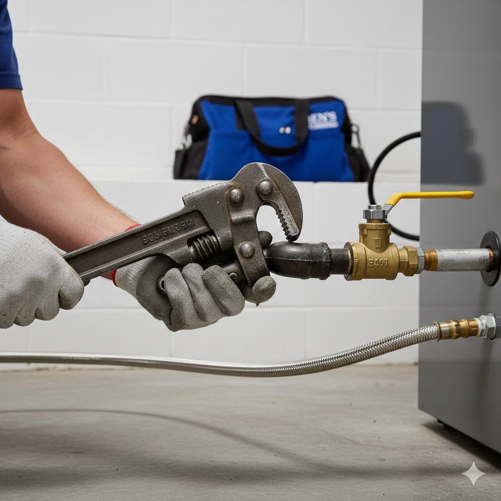 Person using a pipe wrench on a black pipe fitting near a gray appliance.