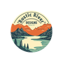 A logo for rustic river designs with a lake and mountains in the background