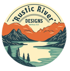 A logo for rustic river designs shows a lake with mountains in the background