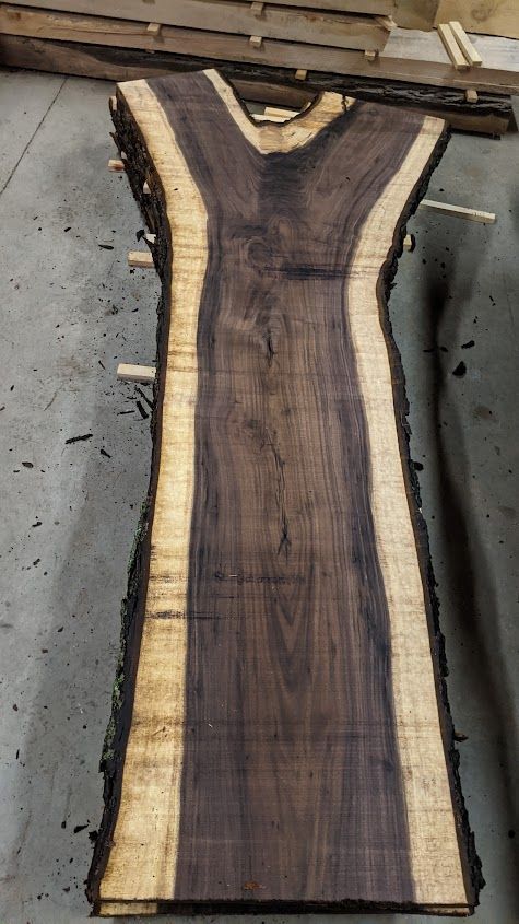 Dark walnut live edge wood slab with light-colored sapwood. The slab is lying on a concrete floor.