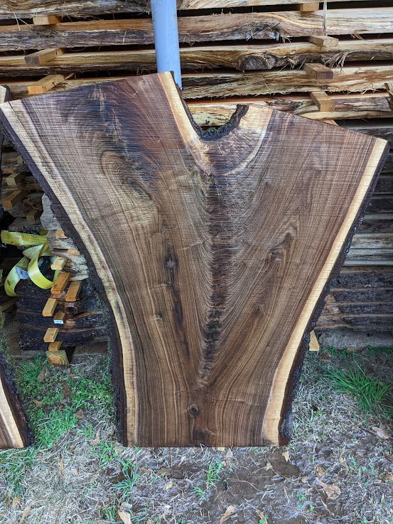 Live-edge walnut slab with dark brown and tan grain, resting outside.