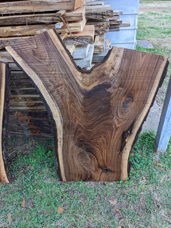 A live edge, Y-shaped walnut slab, displaying dark wood grain, rests on grass, other wood stacks in background.