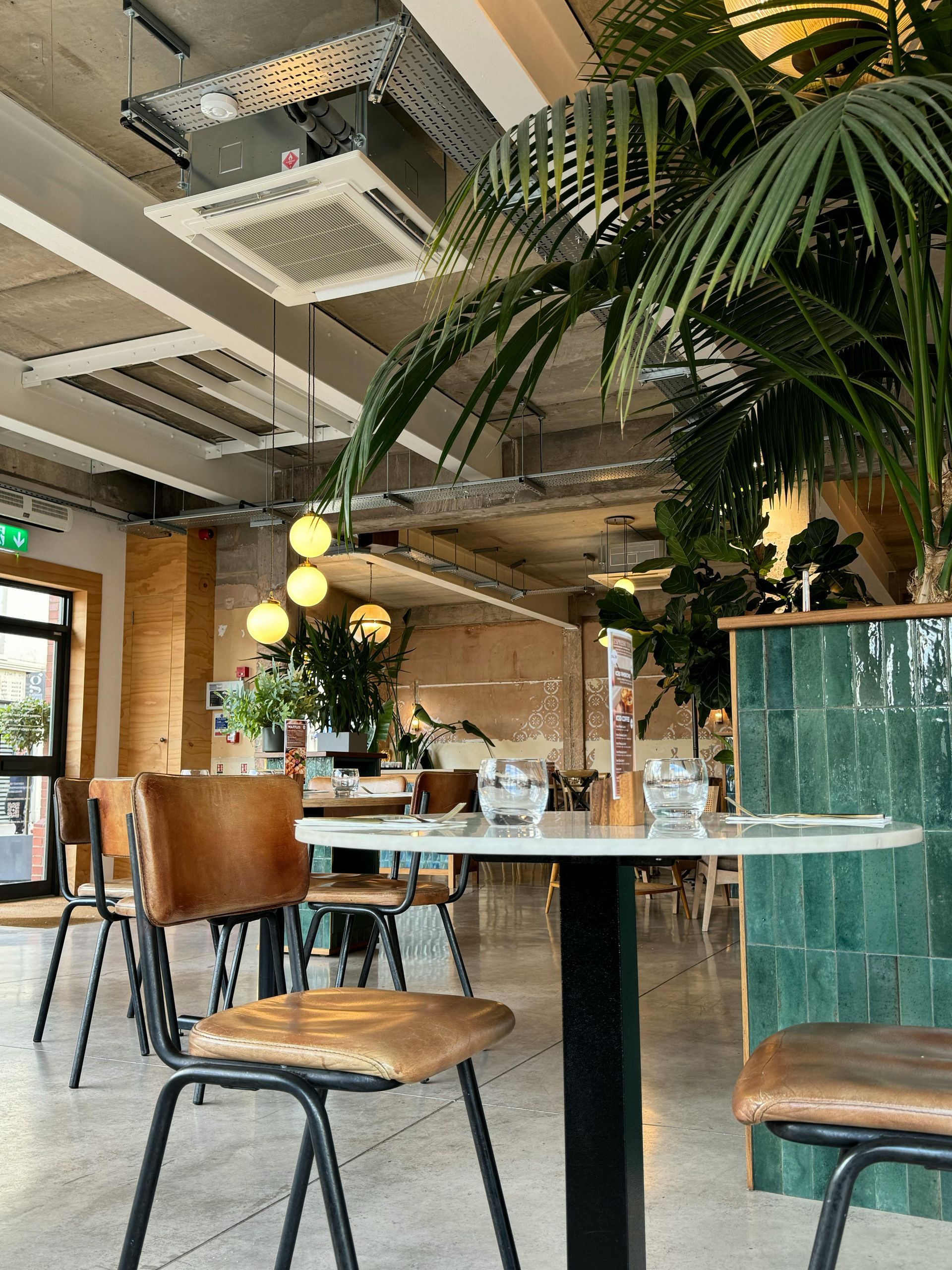 A restaurant with tables and chairs and a palm tree in the background.