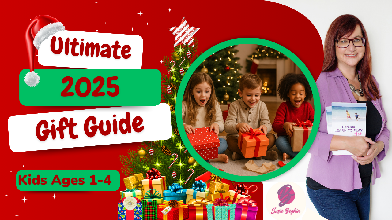 Ultimate 2025 Gift Guide for Kids Ages 1-4. Holiday scene with children opening gifts and a woman holding a book.