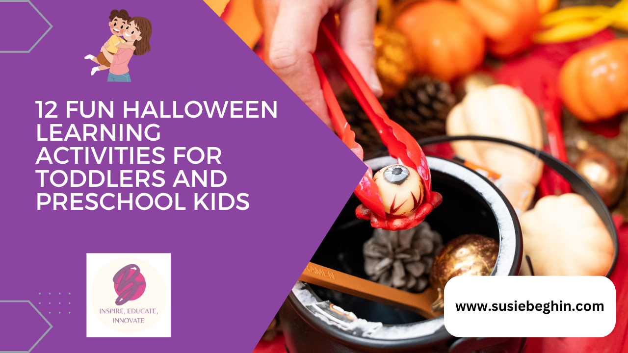 Purple banner with text about Halloween activities for toddlers, person using tongs with eyeball.