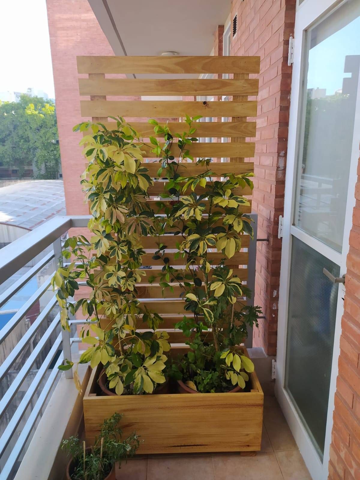 Balcón con jardinera de madera que sostiene plantas frondosas contra una mampara de madera.