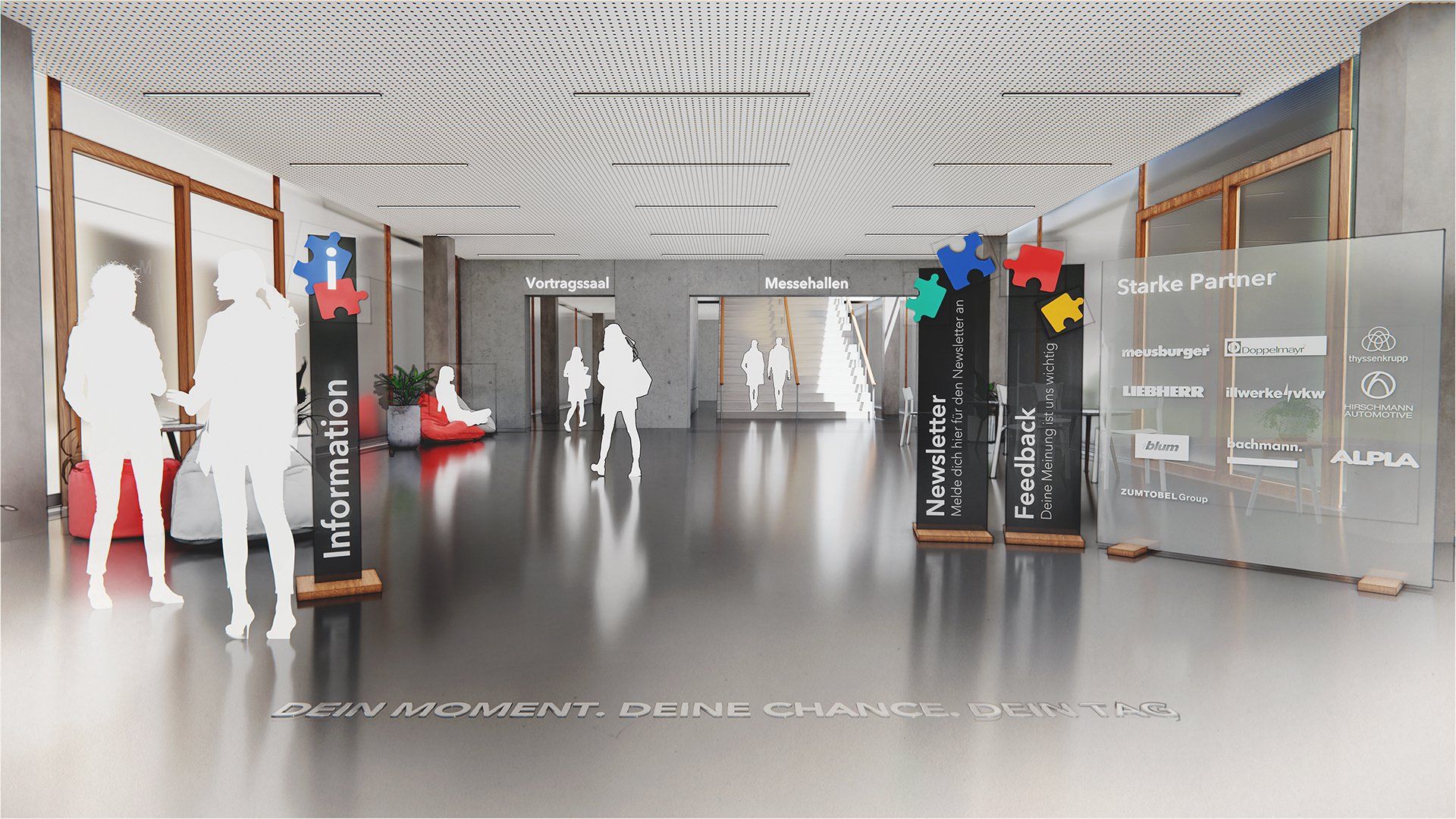 Visualisierung einer Jobmesse mit stilisierten Personen in einem digitalen Foyer