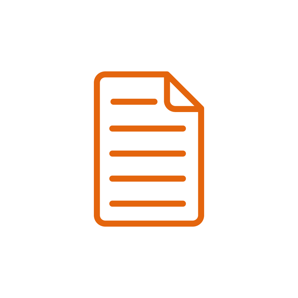 Icon eines Dokuments mit orangefarbenen Linien auf weißem Hintergrund