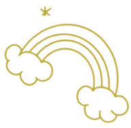 Gold outline of a rainbow with clouds and a star.