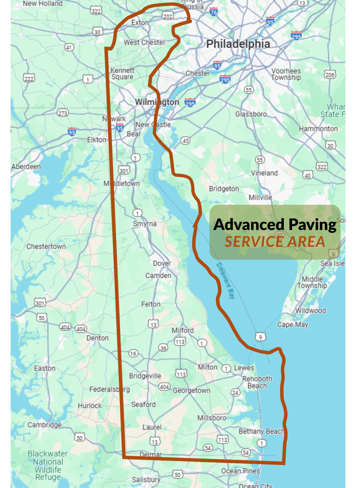 Map of Delaware with a brown outline highlighting the Advanced Paving service area.