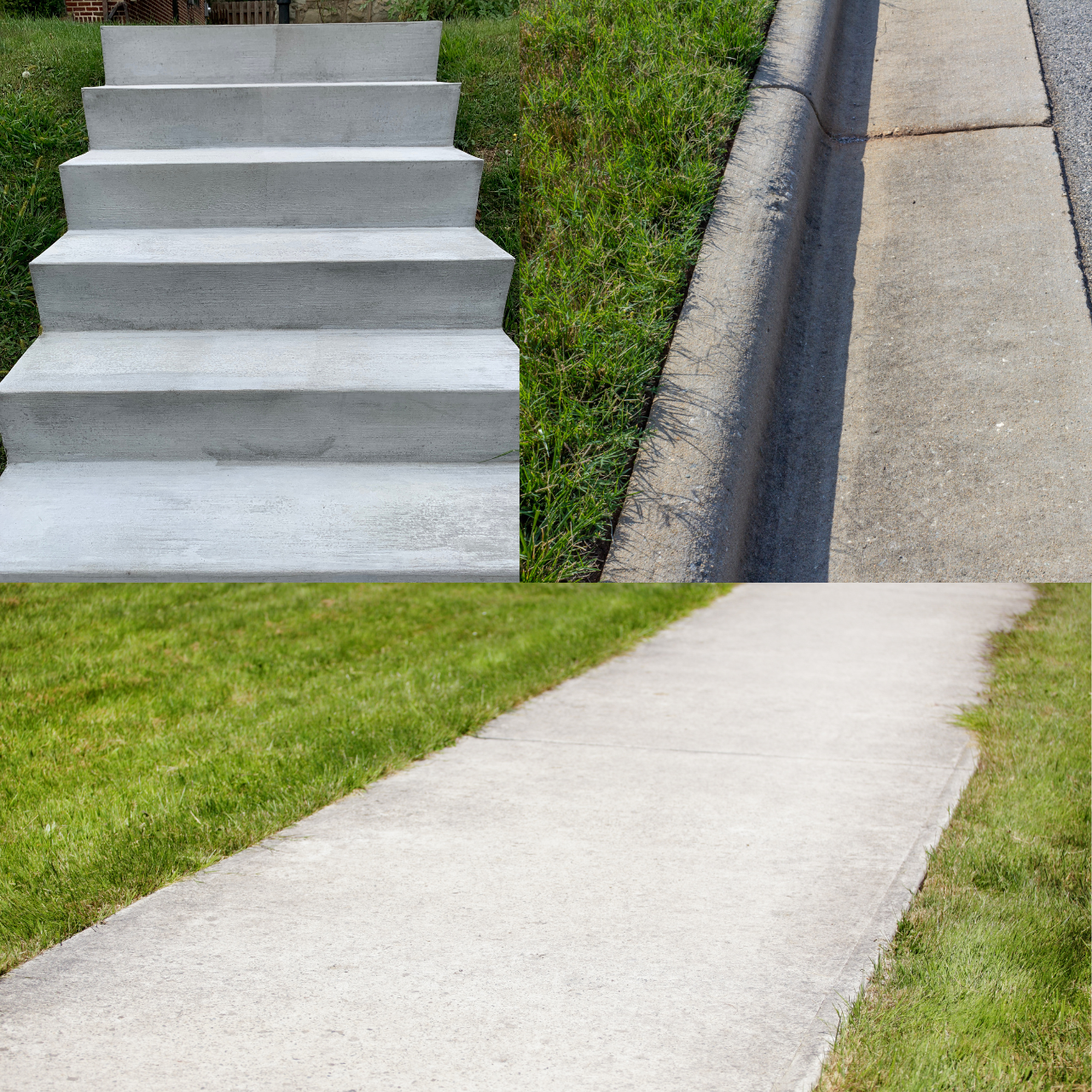 Concrete steps, curb, and sidewalk alongside green grass.