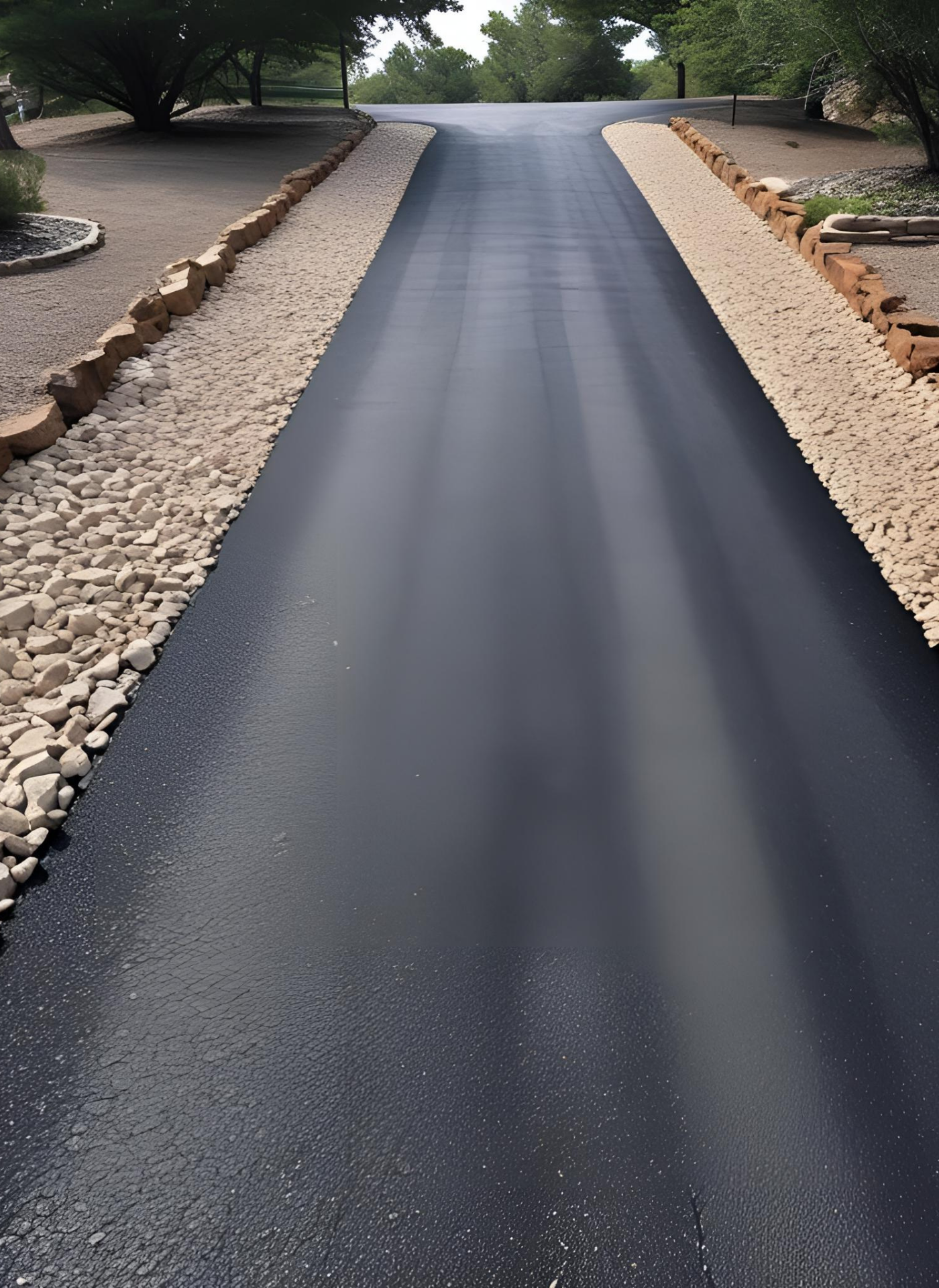 Newly paved asphalt driveway with gravel borders, leading towards trees.