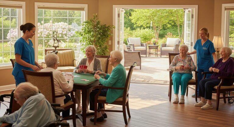 Care staff assist people playing cards and socializing in a bright, sunlit community room with an outdoor patio.