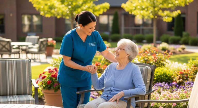 A healthcare worker in blue scrubs holds the hand of an older person sitting in an outdoor garden setting.