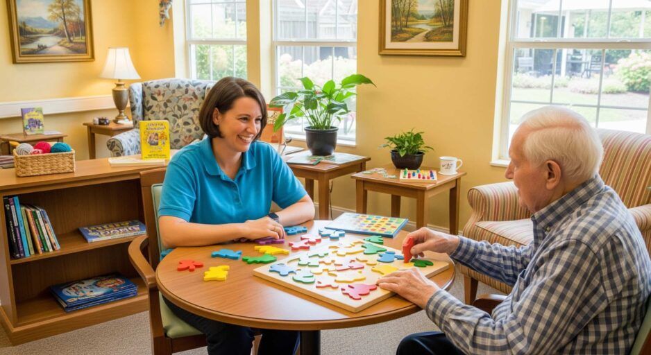 A staff member and a senior sit at a table in a sunlit room, smiling while completing a colorful jigsaw puzzle together.