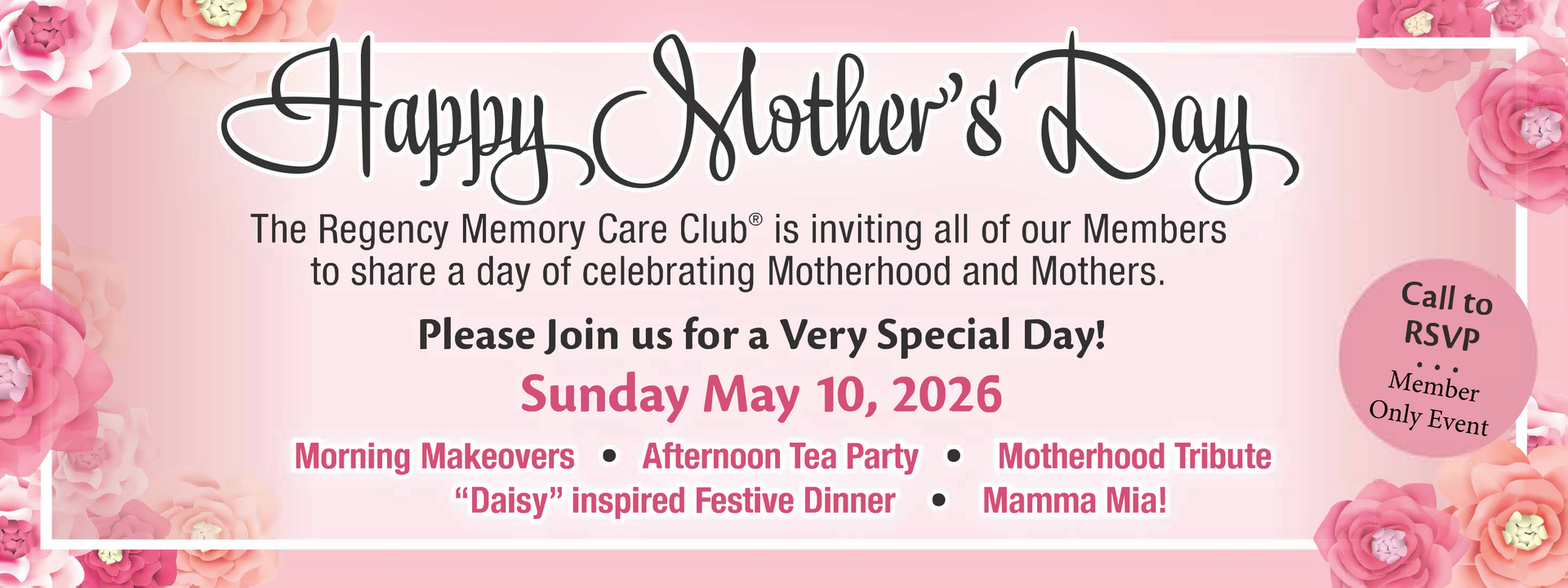 Easter Event flyer for The Regency Memory Care Club on Sunday, April 5, 2026, featuring an image of an Easter egg basket.