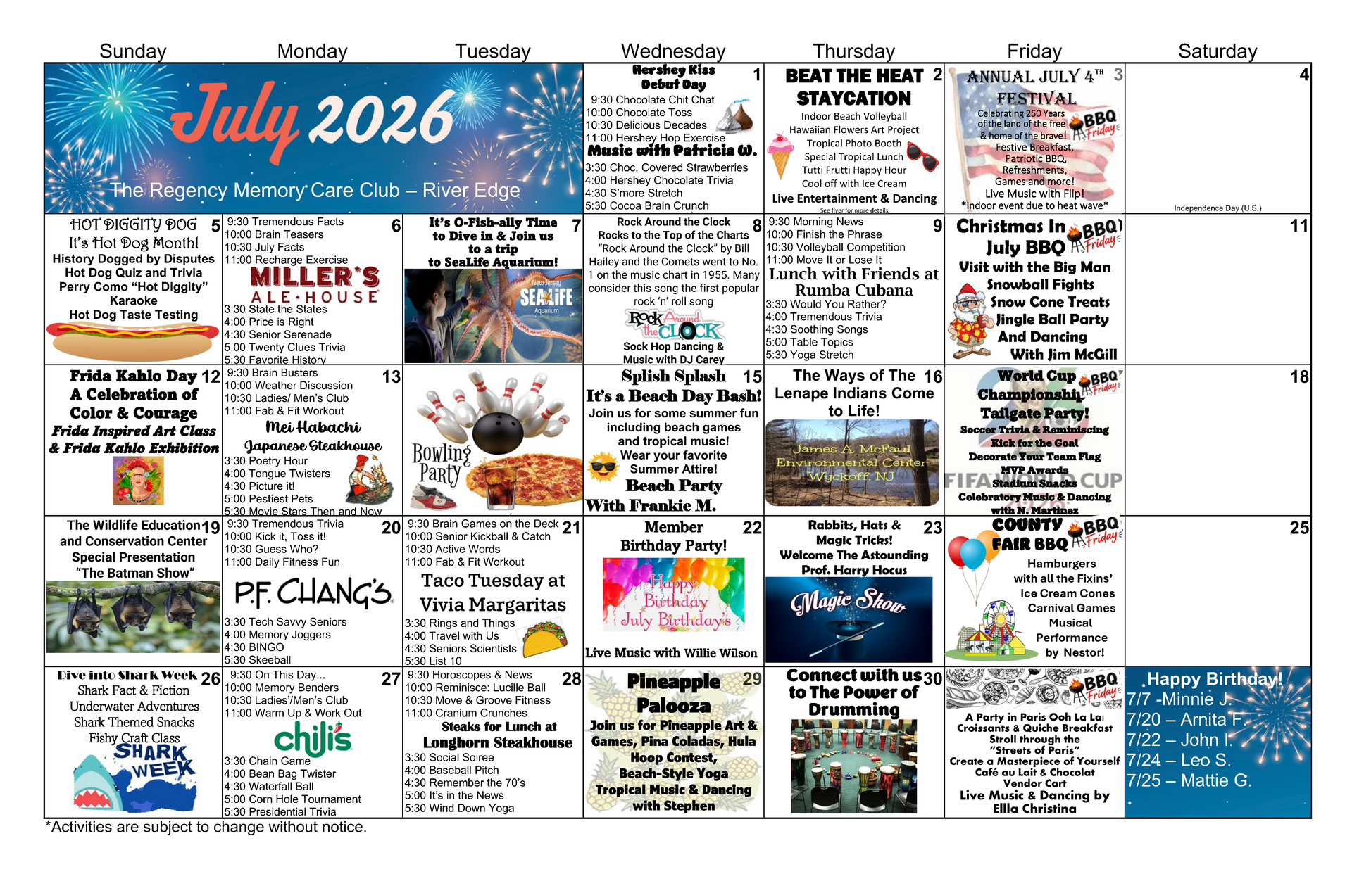July 2026 community events calendar with many listings, photos, and notes in a grid layout