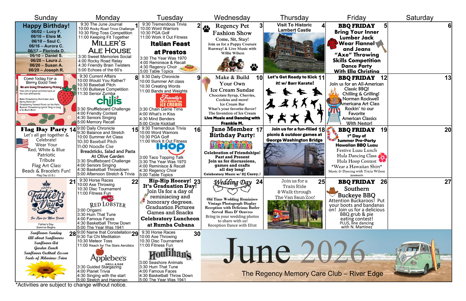 June 2026 monthly calendar filled with handwritten notes, photos, and events across the grid.